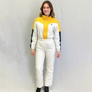 Roffe vintage white/yellow one piece belted snowmobile snow bib snowsuit size XL